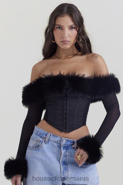 îmbrăcăminte House of CB Merle corset negru cu blană artificială X4F682